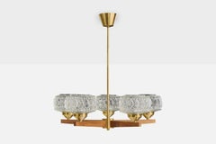 Swedish Designer, Chandelier, Brass, Teak, Glass, Sweden, 1950s