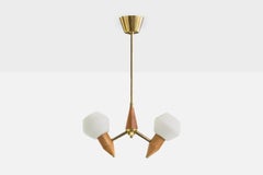 Swedish Designer, Chandelier, Brass, Teak, Glass, Sweden, 1950s