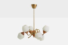 Swedish Designer, Chandelier, Brass, Teak, Glass, Sweden, 1950s