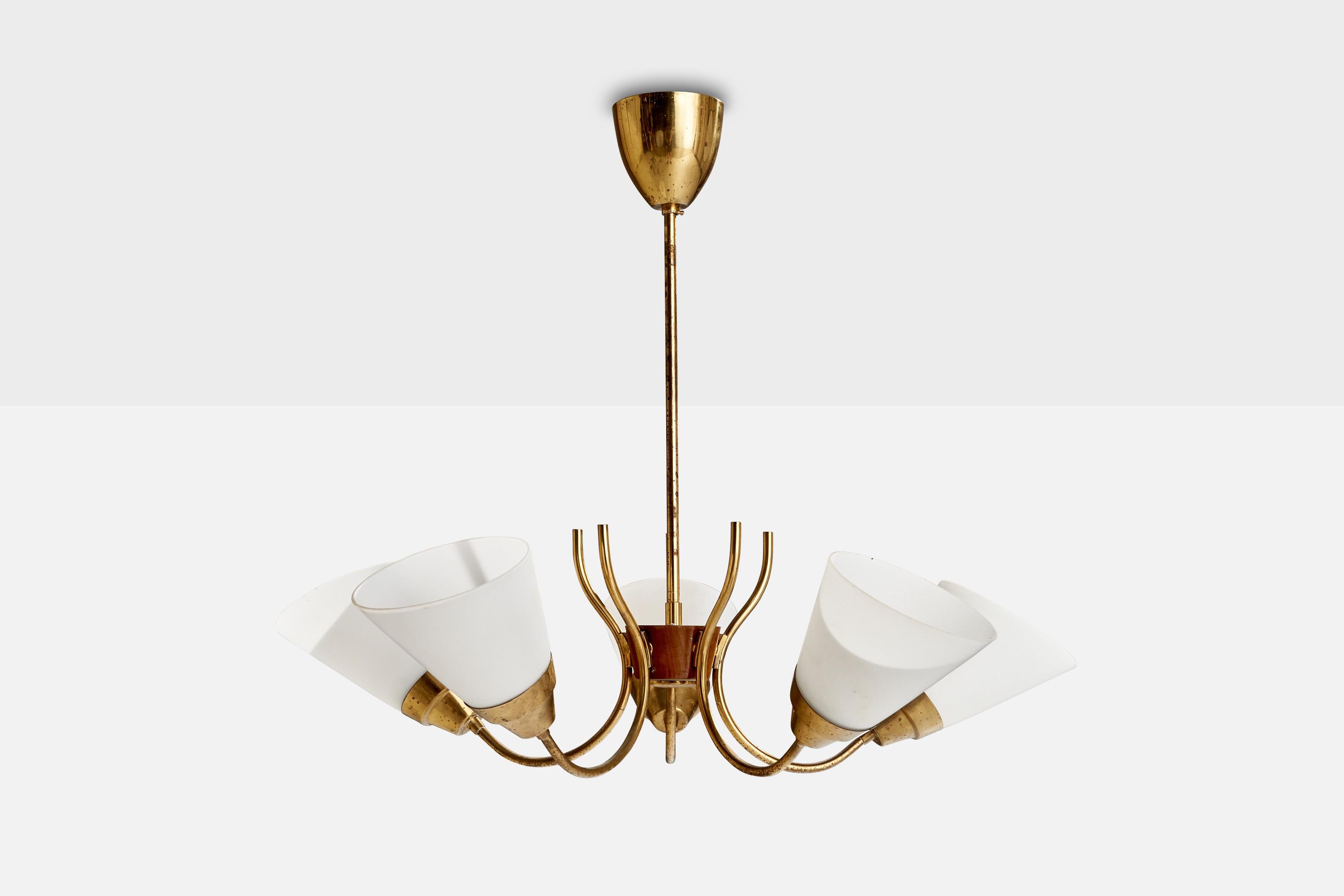 Mid-Century Modern Swedish Designer, Chandelier, Brass, Teak, Glass, Sweden, 1950s For Sale