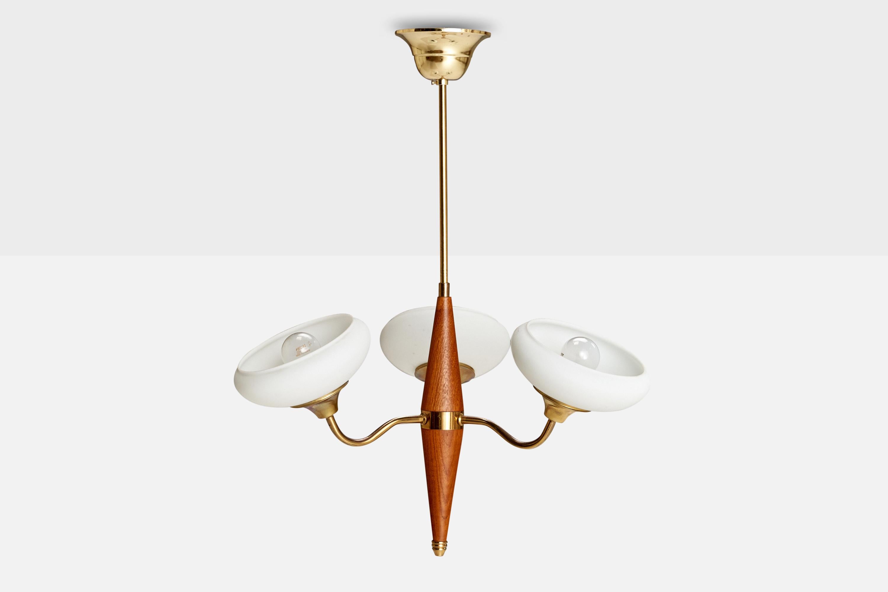 Scandinavian Modern Swedish Designer, Chandelier, Brass, Teak, Glass, Sweden, 1950s For Sale