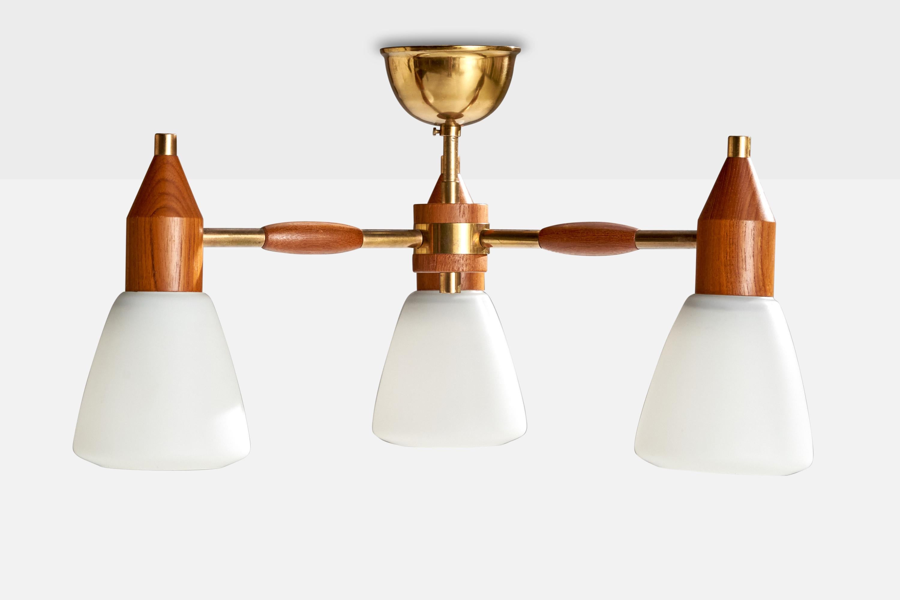 Scandinavian Modern Swedish Designer, Chandelier, Brass, Teak, Glass, Sweden, 1950s For Sale