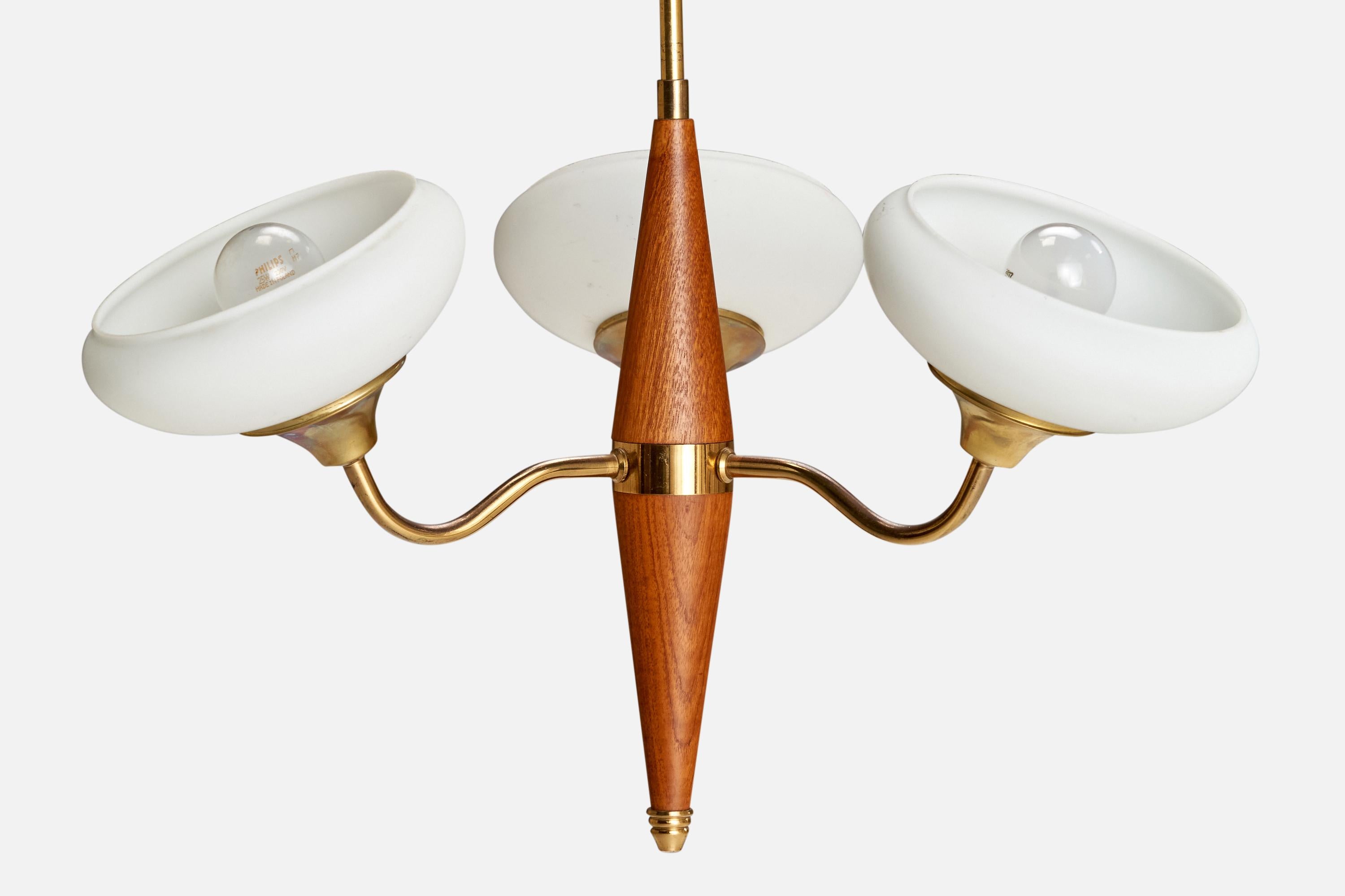 Swedish Designer, Chandelier, Brass, Teak, Glass, Sweden, 1950s In Good Condition For Sale In High Point, NC