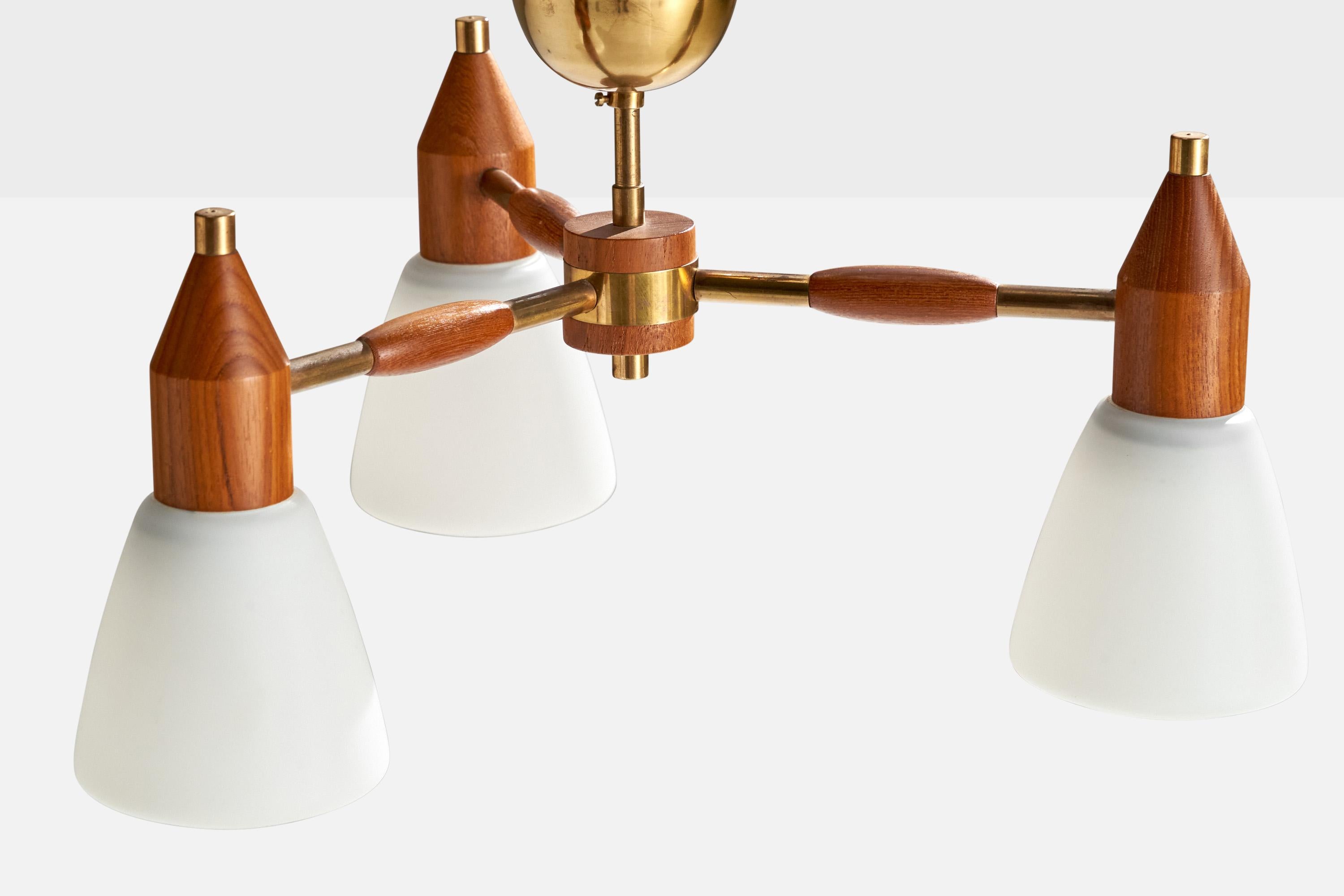 Swedish Designer, Chandelier, Brass, Teak, Glass, Sweden, 1950s In Good Condition For Sale In High Point, NC