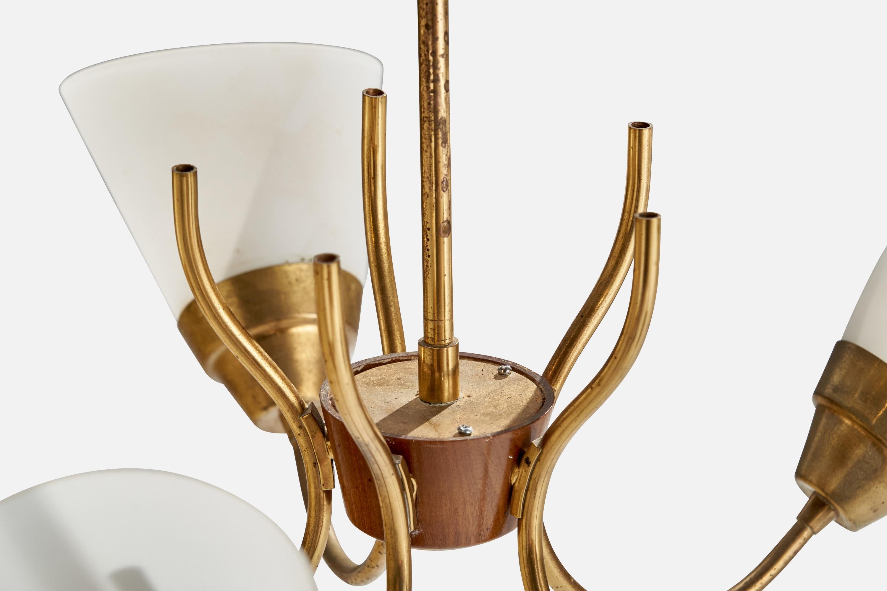 Mid-20th Century Swedish Designer, Chandelier, Brass, Teak, Glass, Sweden, 1950s For Sale