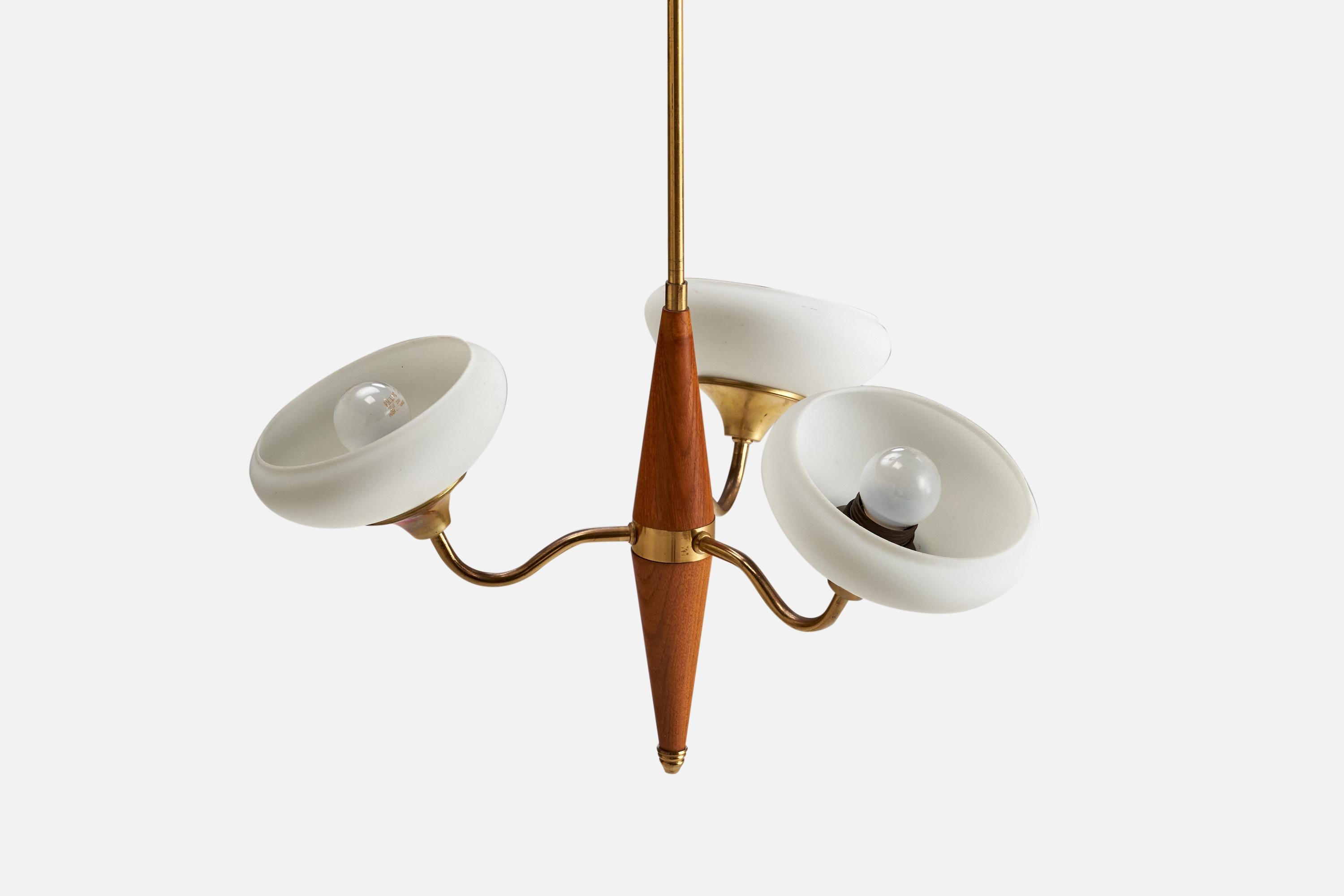 Mid-20th Century Swedish Designer, Chandelier, Brass, Teak, Glass, Sweden, 1950s For Sale