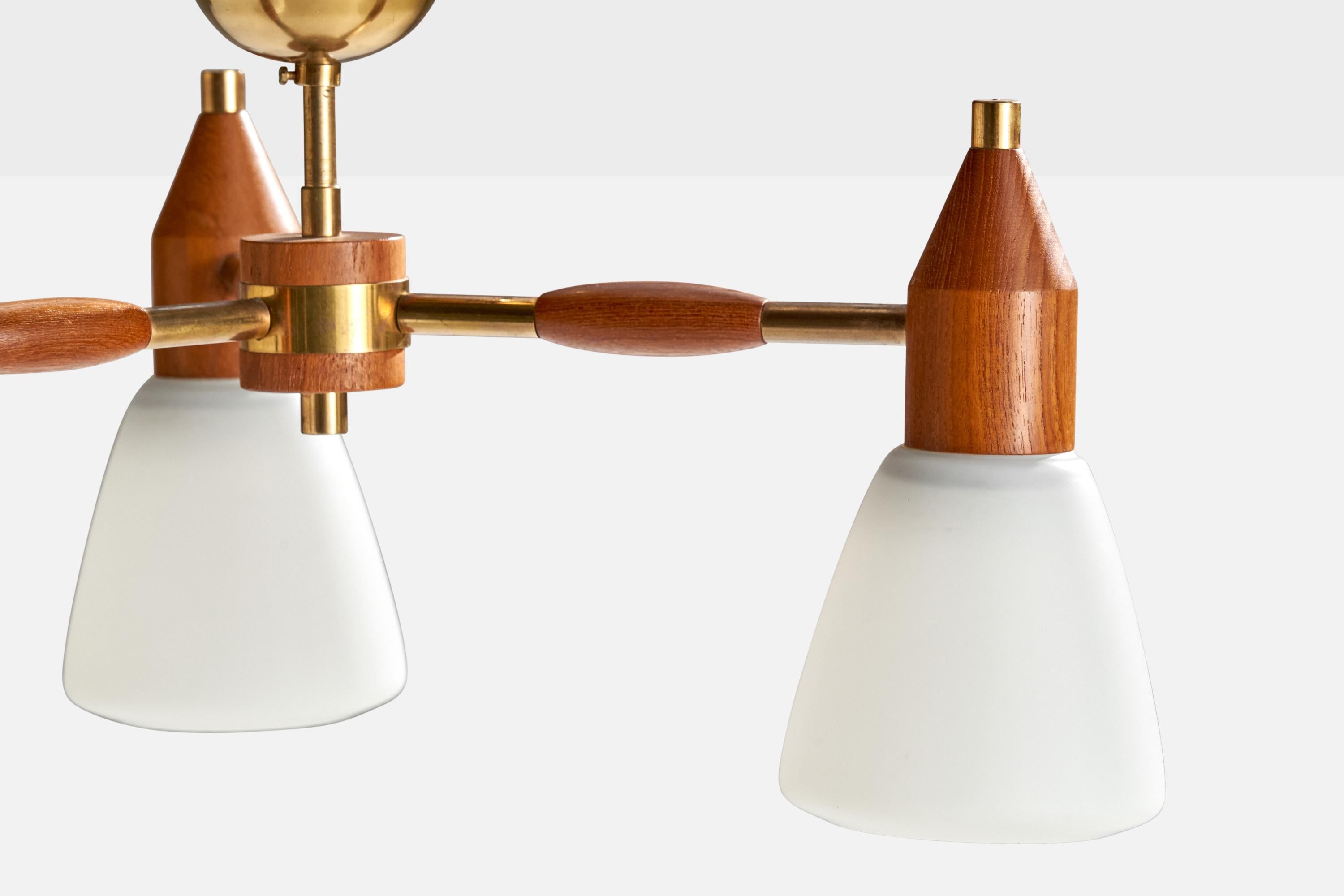 Mid-20th Century Swedish Designer, Chandelier, Brass, Teak, Glass, Sweden, 1950s For Sale