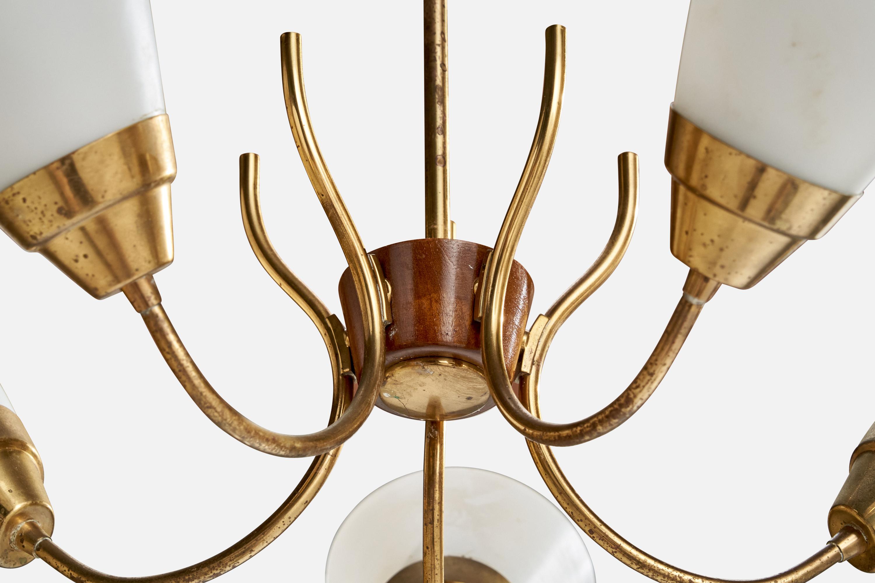 Swedish Designer, Chandelier, Brass, Teak, Glass, Sweden, 1950s For Sale 1