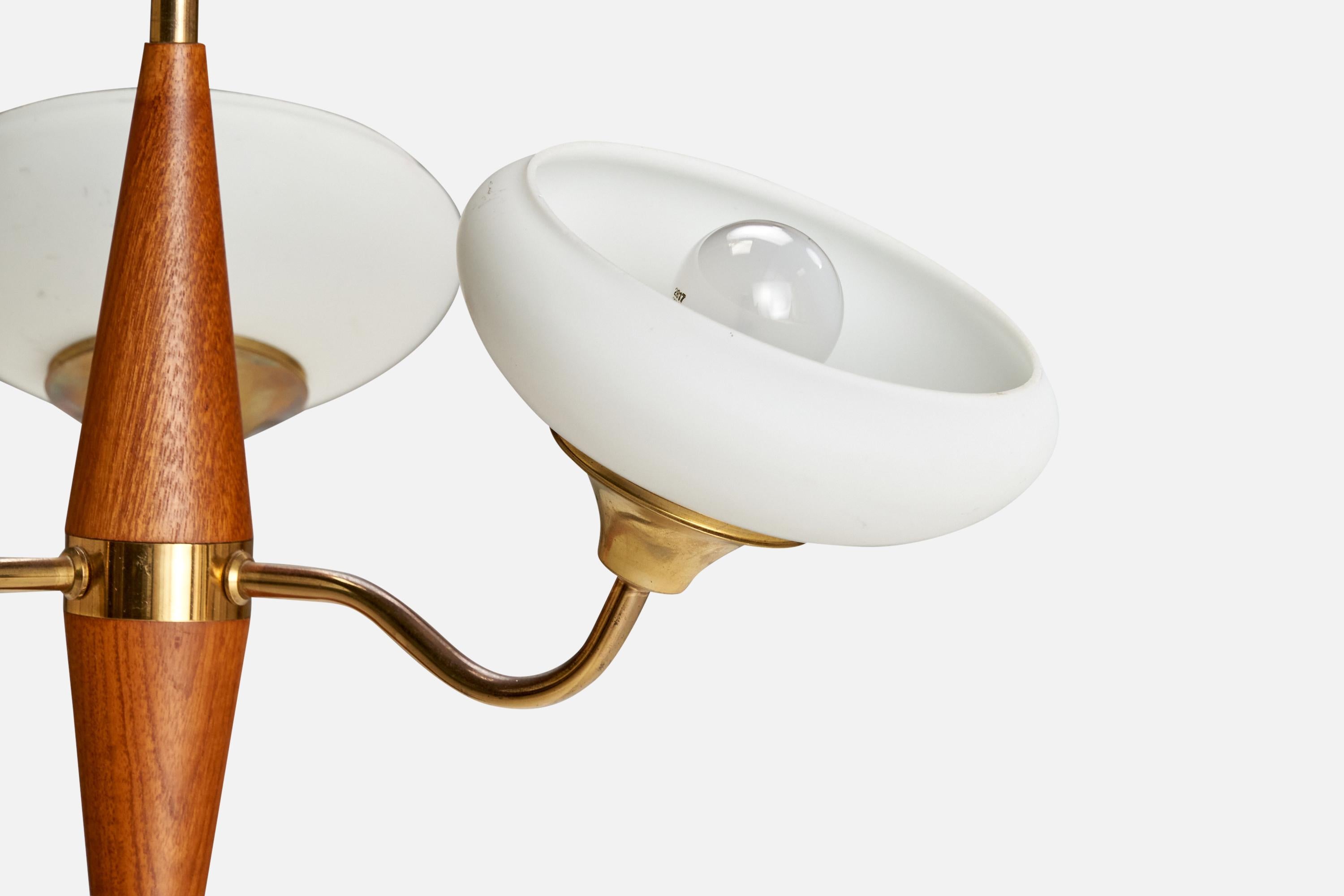Swedish Designer, Chandelier, Brass, Teak, Glass, Sweden, 1950s For Sale 1