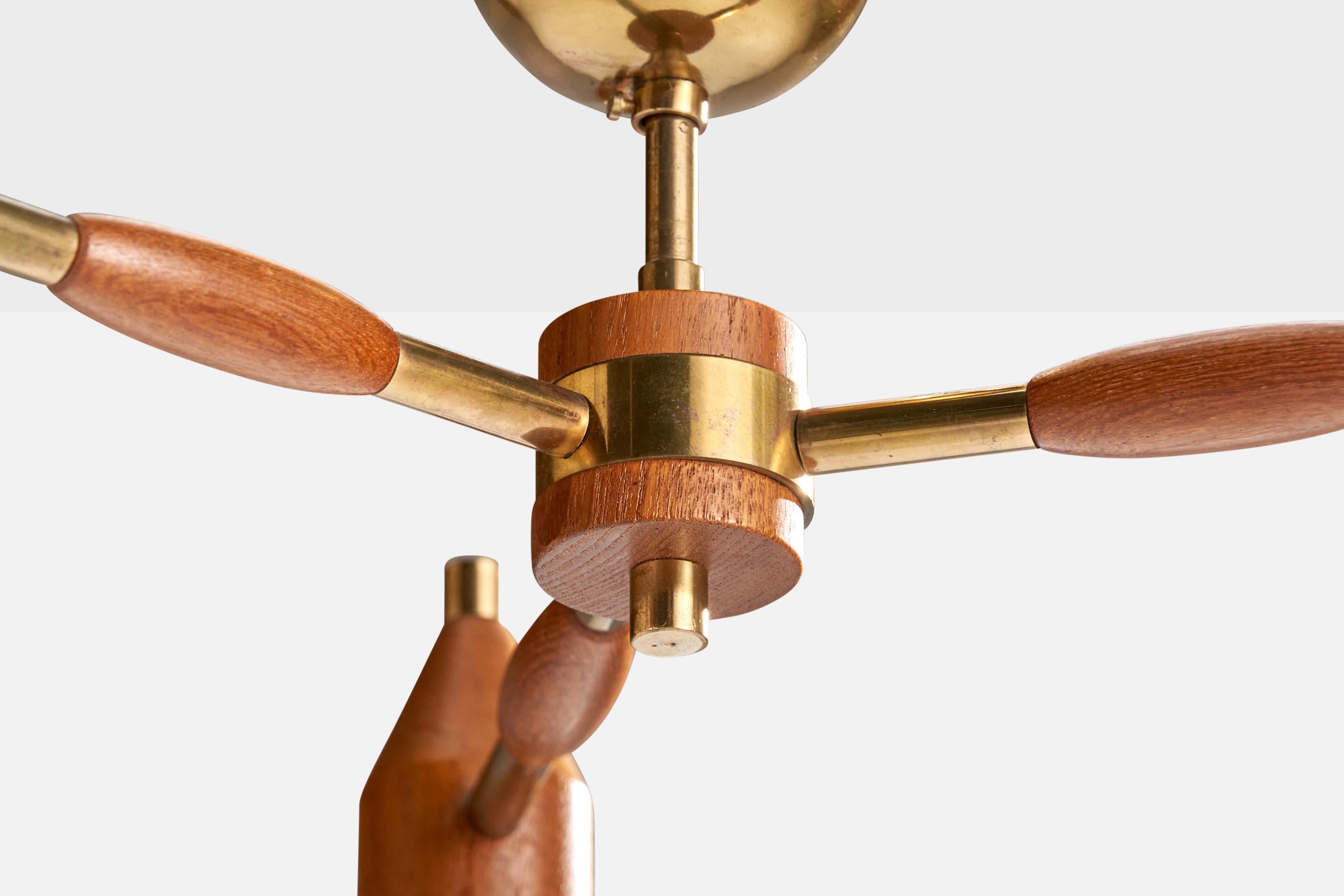 Swedish Designer, Chandelier, Brass, Teak, Glass, Sweden, 1950s For Sale 1