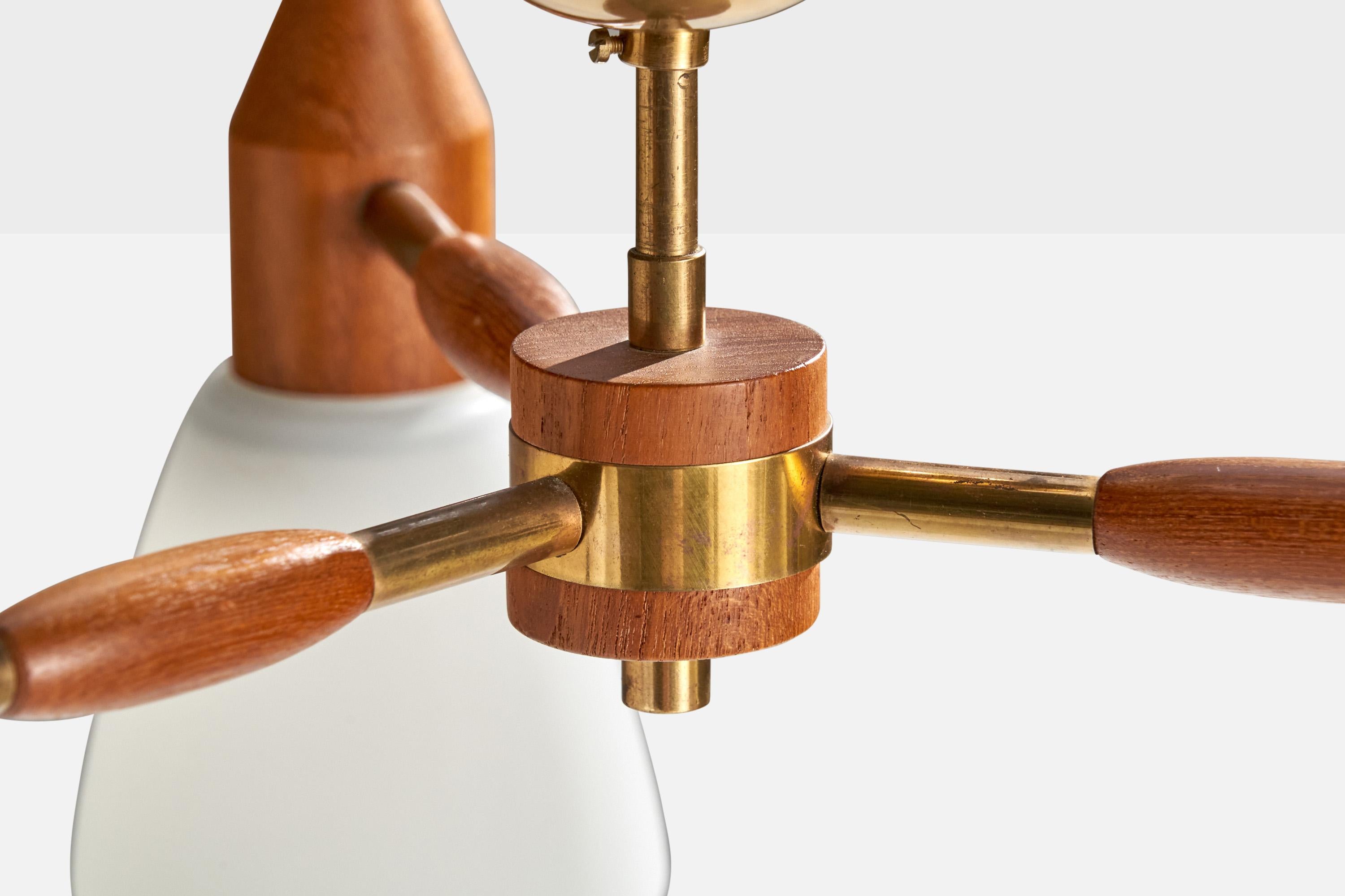 Swedish Designer, Chandelier, Brass, Teak, Glass, Sweden, 1950s For Sale 2