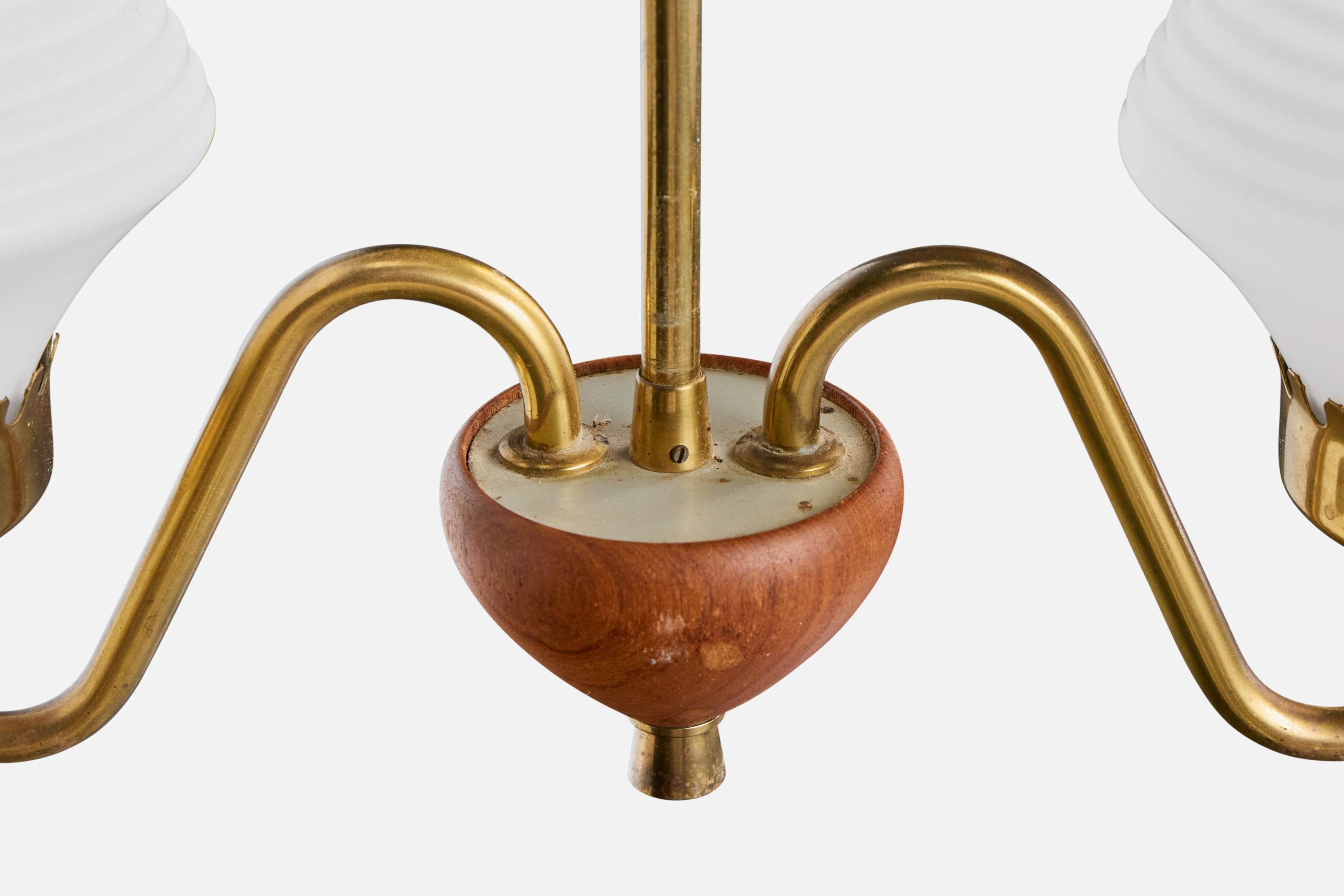 Schwedischer Designer, Kronleuchter, Messing, Teakholz, Glas, Schweden, 1950er Jahre im Angebot 3