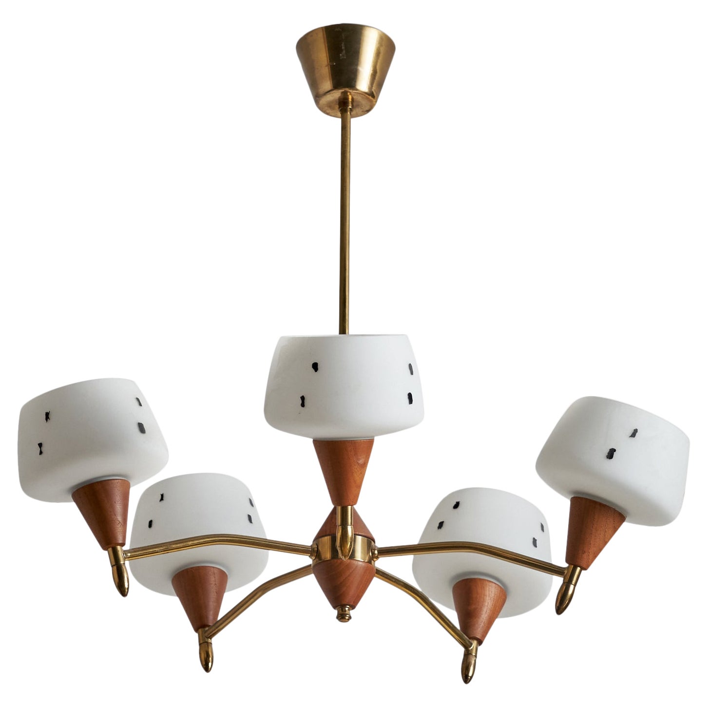 Lampadario di design svedese, ottone, teak, vetro, Svezia, anni '50
