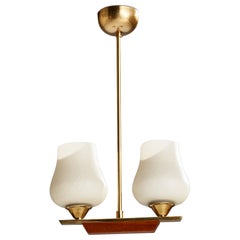 Schwedischer Designer, Kronleuchter, Messing, Teakholz, Glas, Schweden, 1950er Jahre