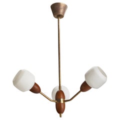 Lampadario di design svedese, ottone, teak, vetro, Svezia, anni '50