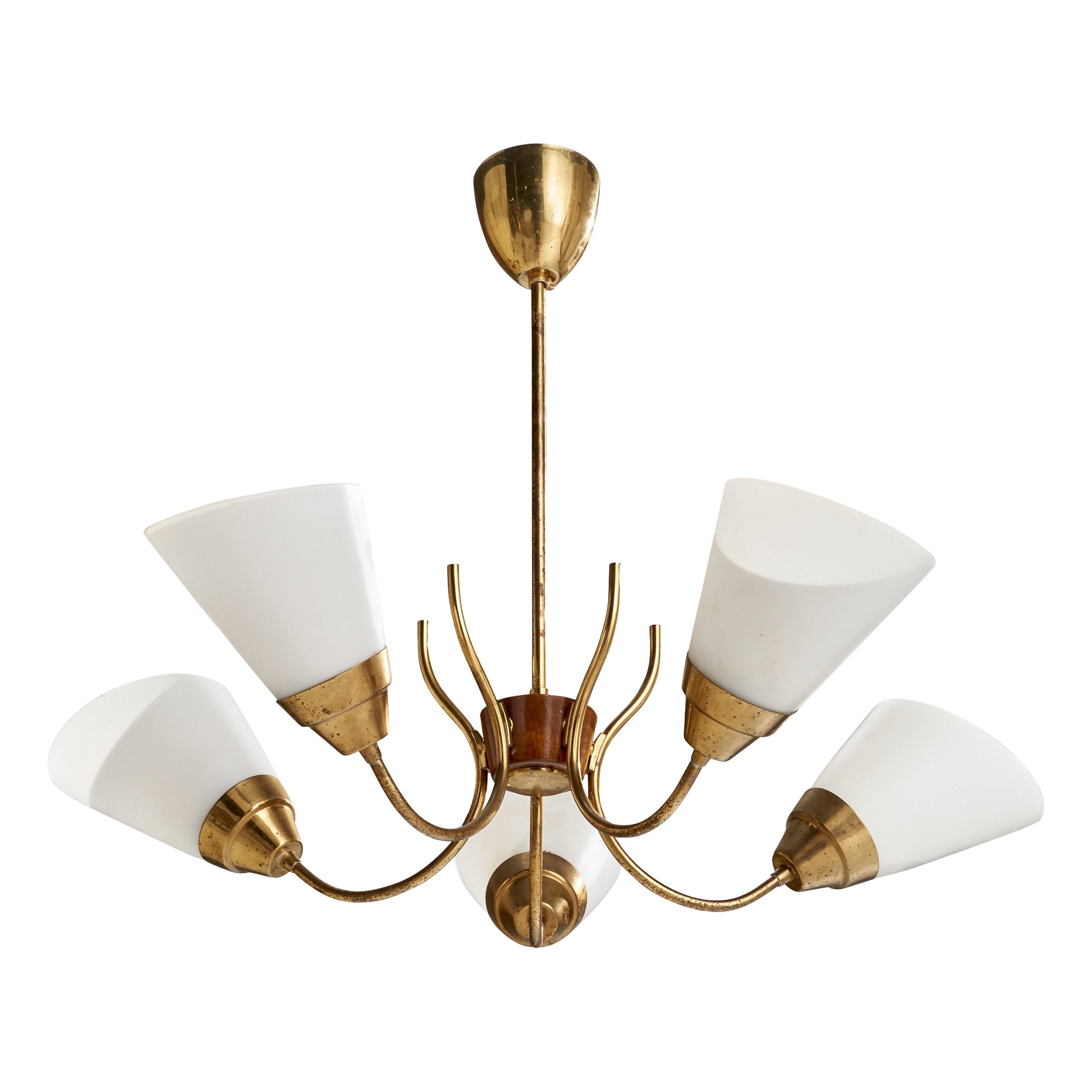 Lampadario di design svedese, ottone, teak, vetro, Svezia, anni '50