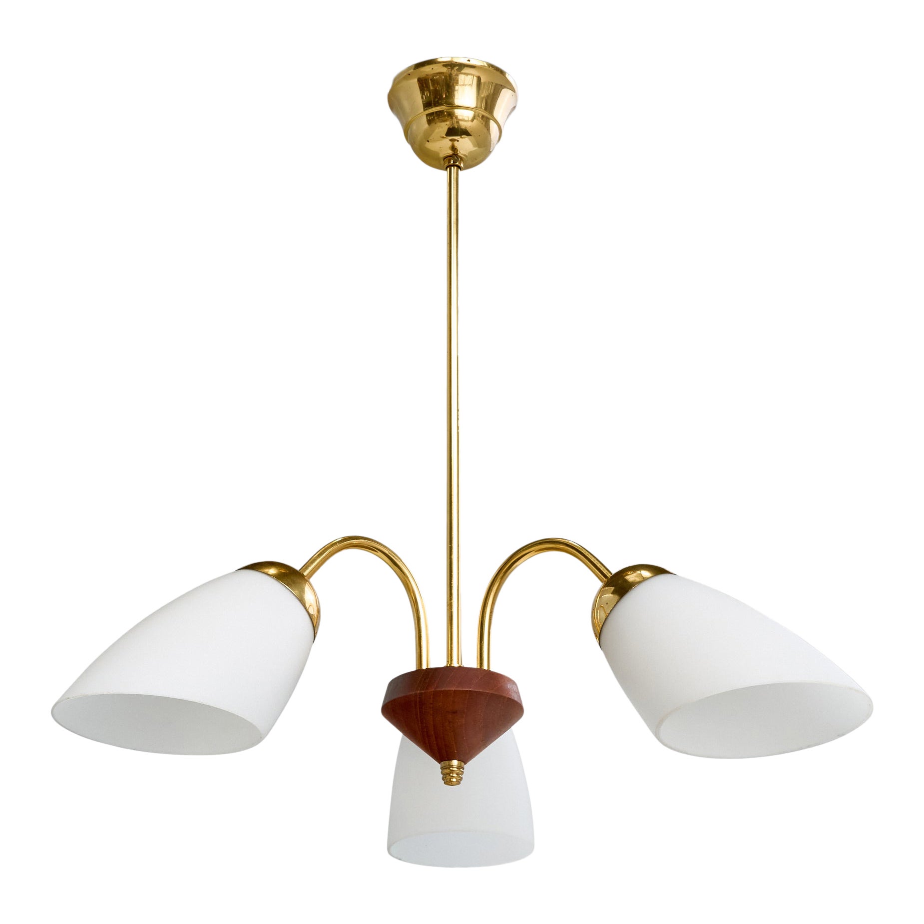 Swedish Designer, Chandelier, Brass, Teak, Glass, Sweden, 1950s