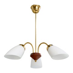 Swedish Designer, Chandelier, Brass, Teak, Glass, Sweden, 1950s