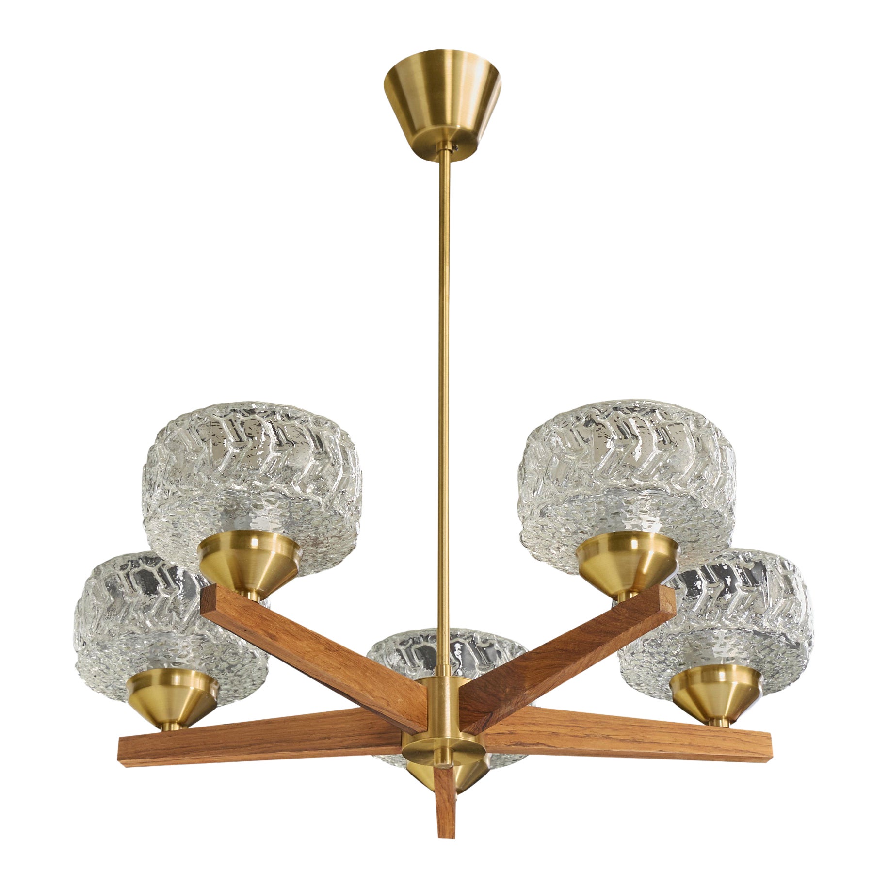 Lampadario di design svedese, ottone, teak, vetro, Svezia, anni '50