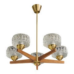 Swedish Designer, Chandelier, Brass, Teak, Glass, Sweden, 1950s