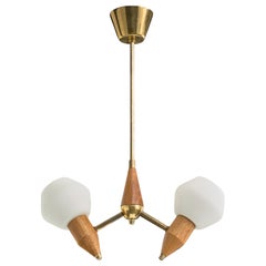 Swedish Designer, Chandelier, Brass, Teak, Glass, Sweden, 1950s