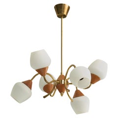 Swedish Designer, Chandelier, Brass, Teak, Glass, Sweden, 1950s