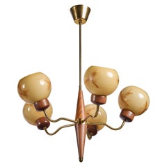 Swedish Designer, Chandelier, Brass, Teak, Glass, Sweden, 1950s