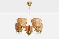 Swedish Designer, Chandelier, Brass, Teak, Rattan, Sweden, 1950s