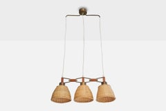 Lampadario di design svedese, ottone, teak, rattan, Svezia, anni '1950