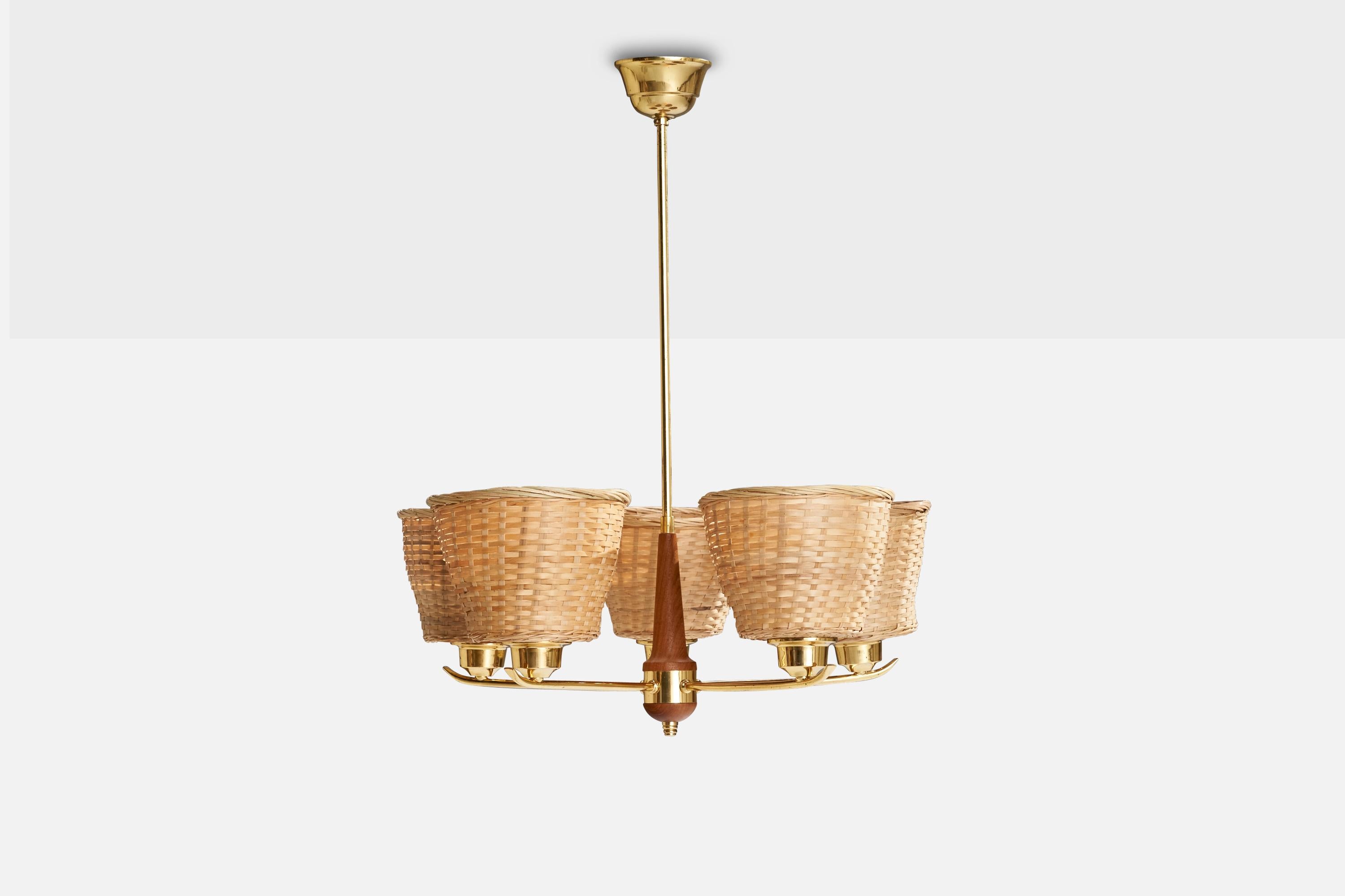 Scandinavian Modern Swedish Designer, Chandelier, Brass, Teak, Rattan, Sweden, 1950s For Sale