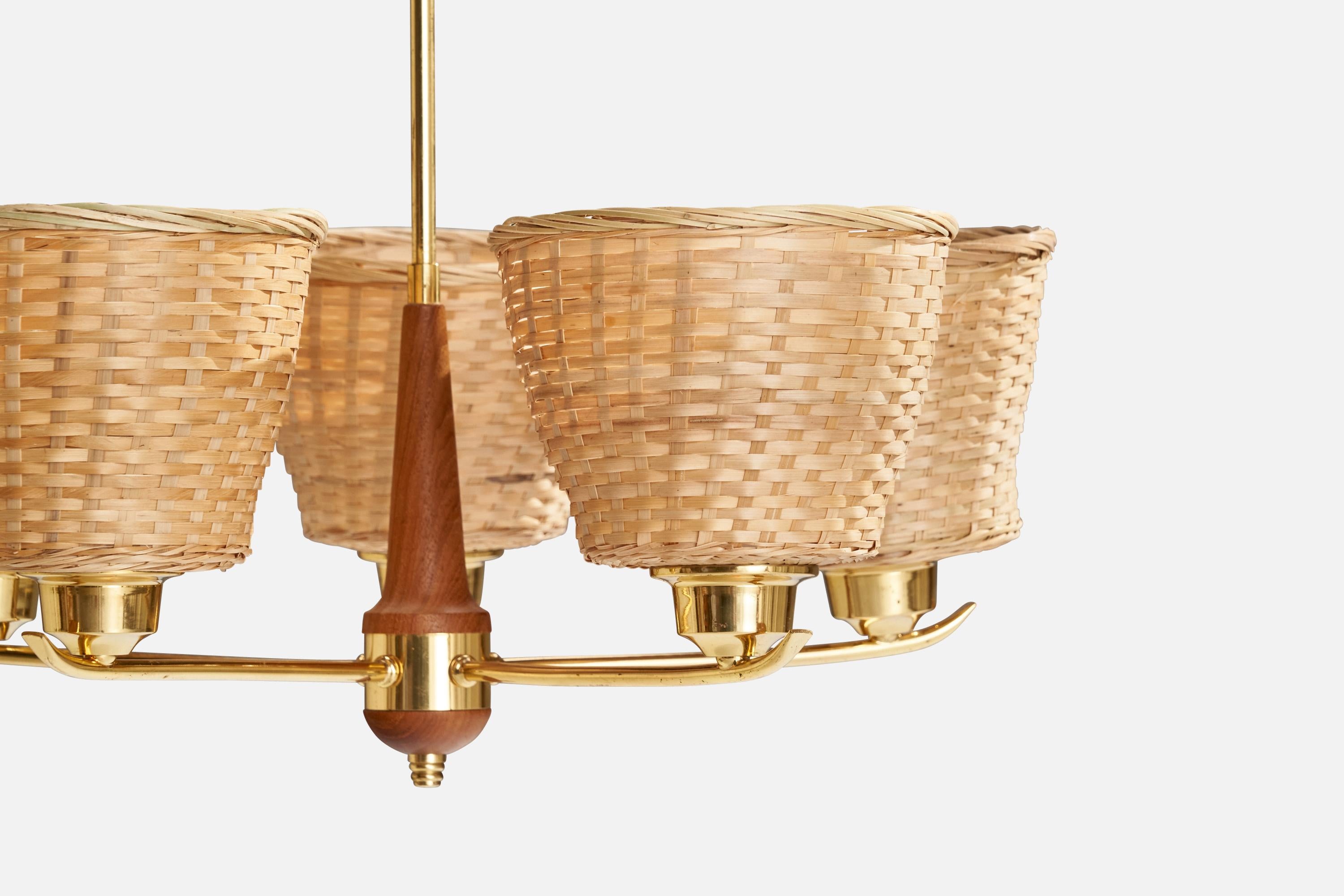 Swedish Designer, Chandelier, Brass, Teak, Rattan, Sweden, 1950s In Good Condition For Sale In High Point, NC