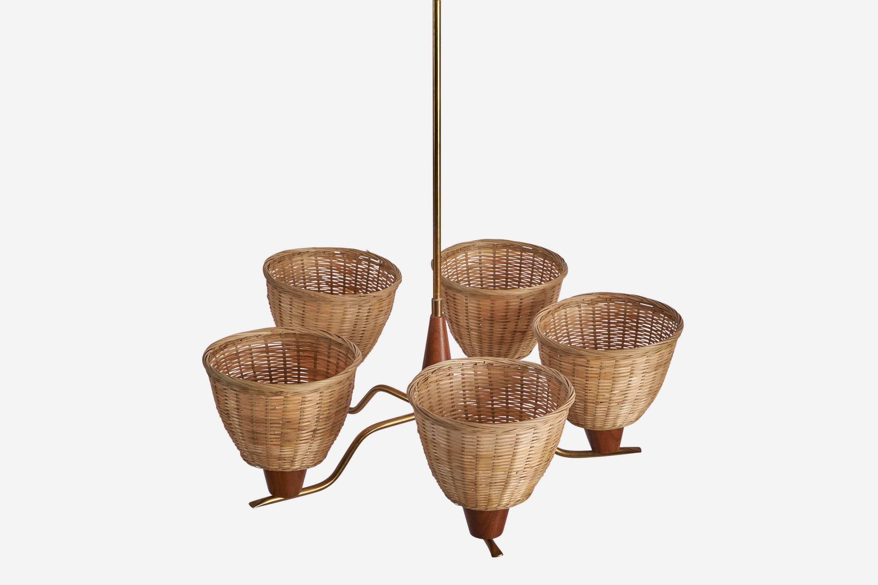 Mid-20th Century Swedish Designer, Chandelier, Brass, Teak, Rattan, Sweden, 1950s For Sale