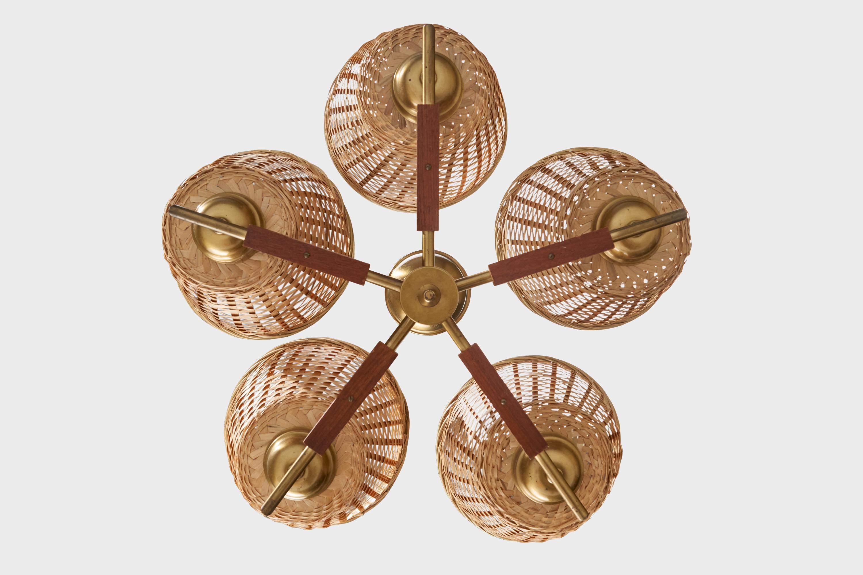 Mid-20th Century Swedish Designer, Chandelier, Brass, Teak, Rattan, Sweden, 1950s For Sale