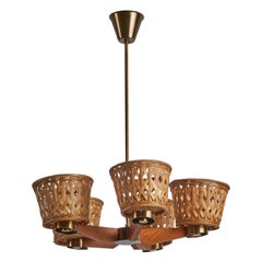 Swedish Designer, Chandelier, Brass, Teak, Rattan, Sweden, 1950s