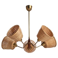 Swedish Designer, Chandelier, Brass, Teak, Rattan, Sweden, 1950s