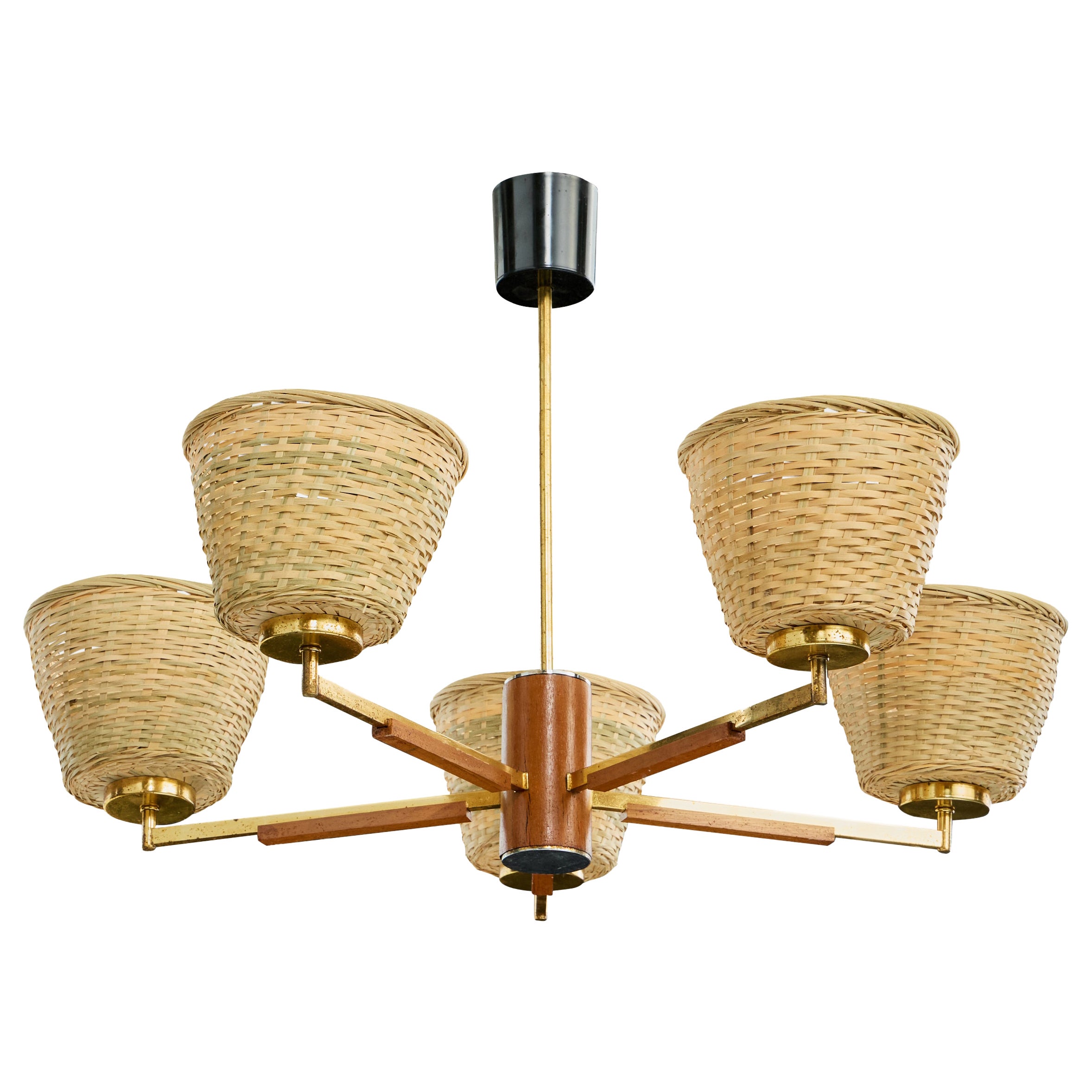 Swedish Designer, Chandelier, Brass, Teak, Rattan, Sweden, 1950s