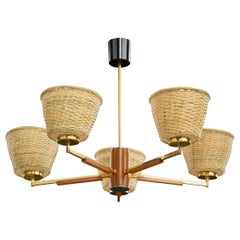Swedish Designer, Chandelier, Brass, Teak, Rattan, Sweden, 1950s
