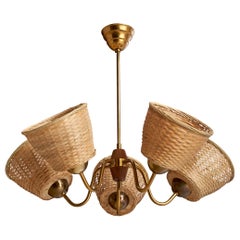 Swedish Designer, Chandelier, Brass, Teak, Rattan, Sweden, 1960s