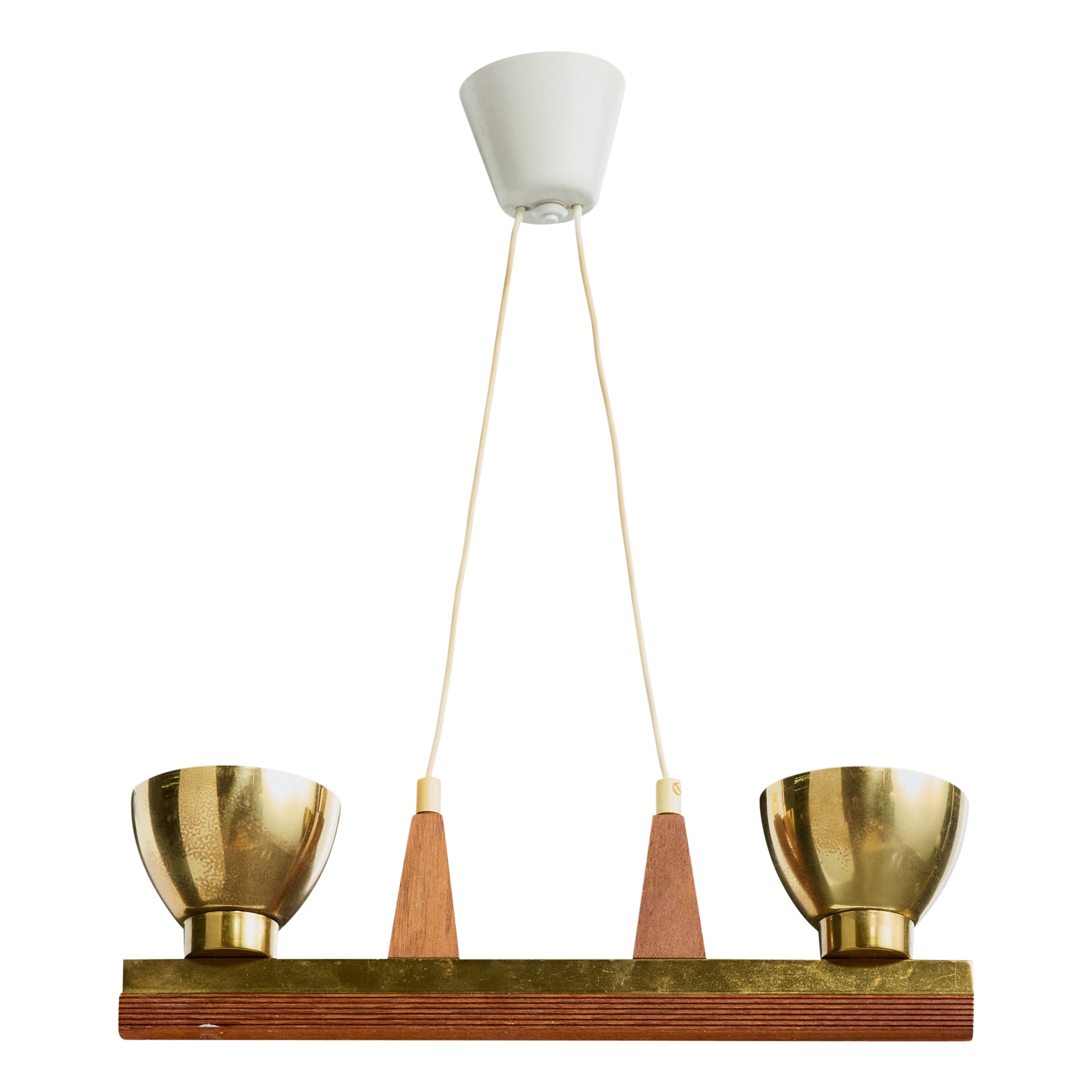 Swedish Designer, Chandelier, Brass, Teak, Sweden, 1950s For Sale