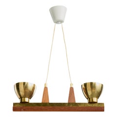 Swedish Designer, Chandelier, Brass, Teak, Sweden, 1950s