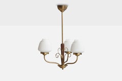 Swedish Designer, Chandelier, Brass, Walnut, Glass, Sweden, 1940s
