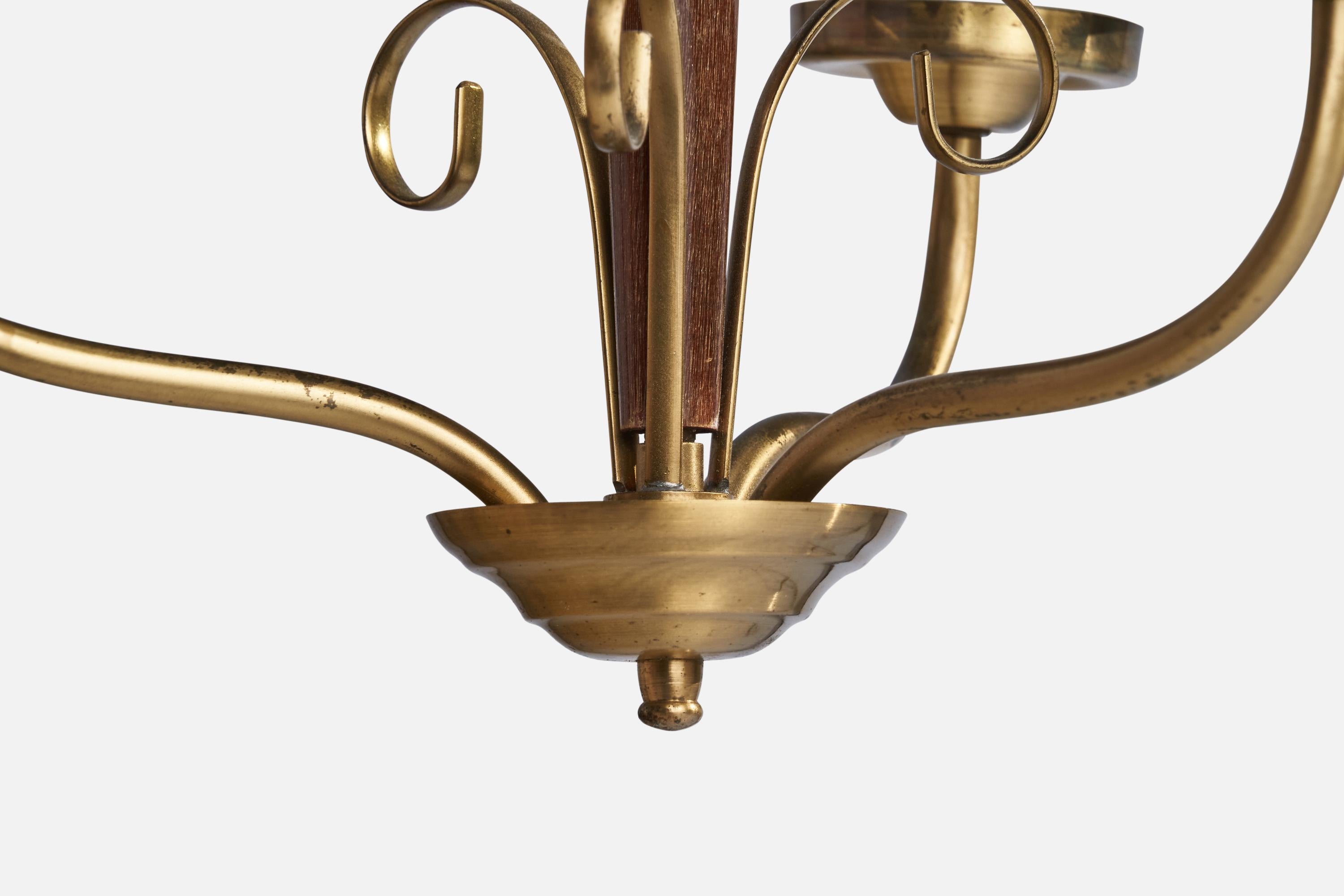 Swedish Designer, Chandelier, Brass, Walnut, Glass, Sweden, 1940s For Sale 2