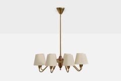 Swedish Designer, Chandelier, Brass, Wood, Fabric, 1950s