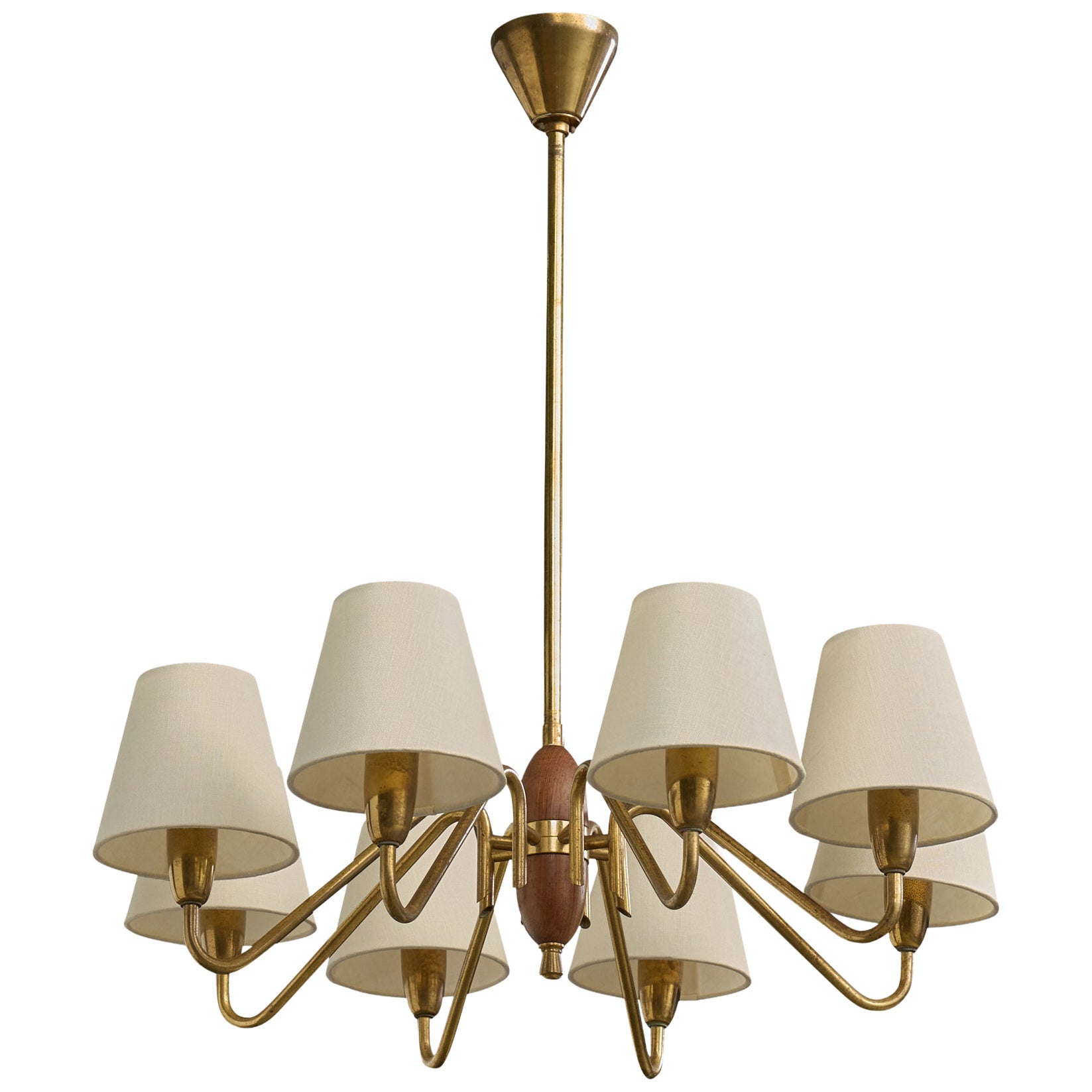 Swedish Designer, Chandelier, Brass, Wood, Fabric, 1950s