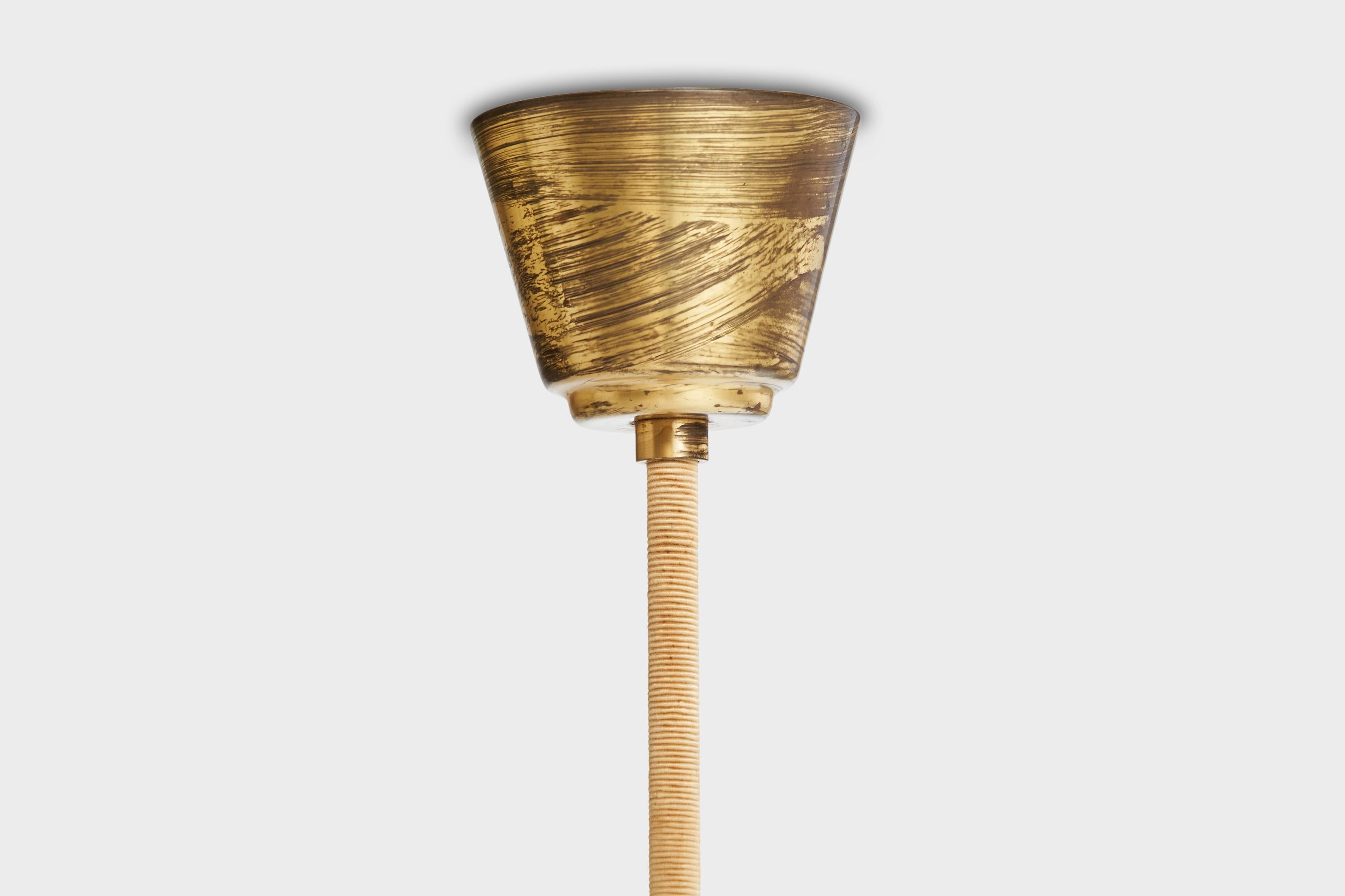 Schwedischer Designer, Kronleuchter, Messing, Holz, Stoff, Kordel, Schweden, 1940er Jahre im Angebot 5