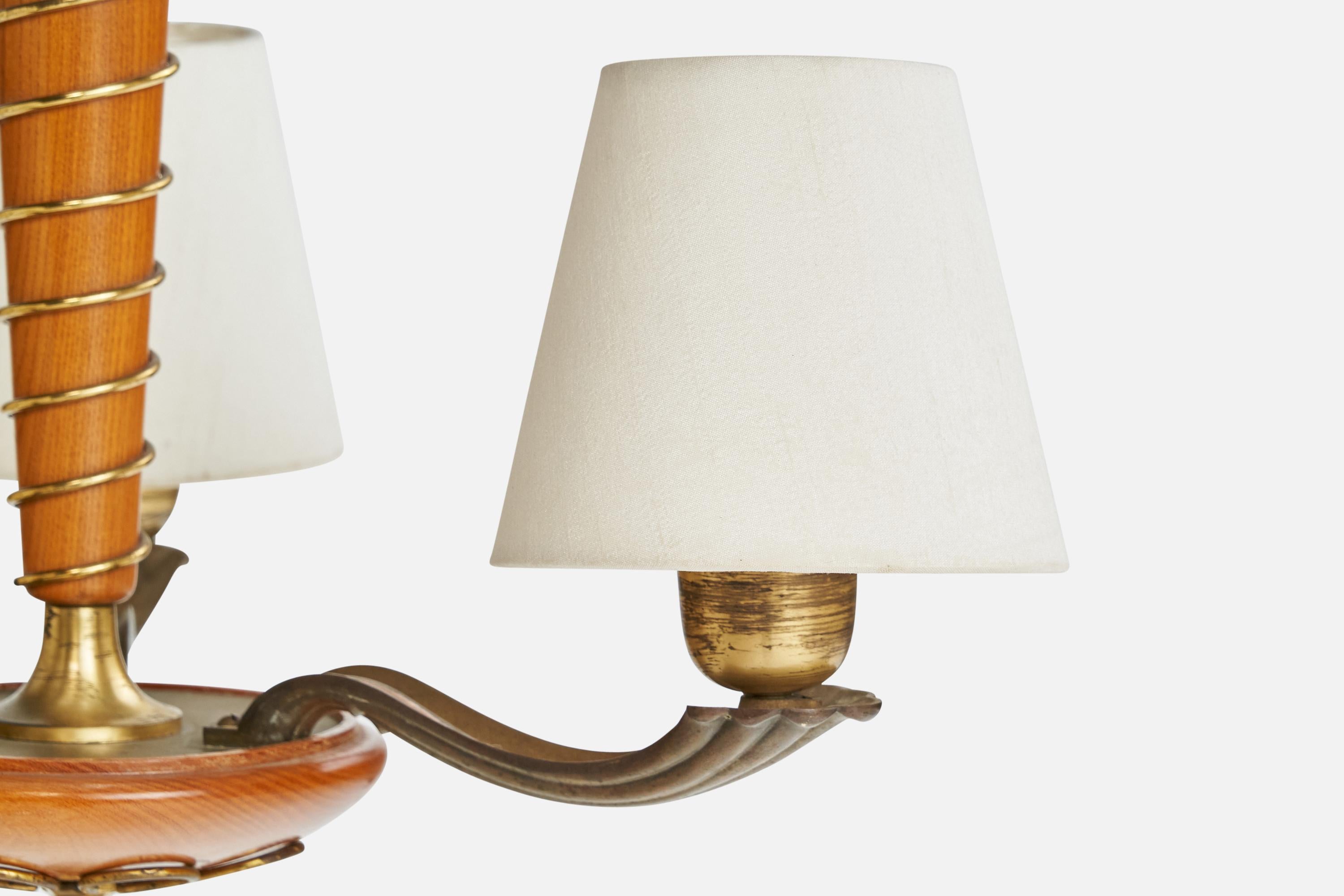 Schwedischer Designer, Kronleuchter, Messing, Holz, Stoff, Kordel, Schweden, 1940er Jahre im Angebot 2