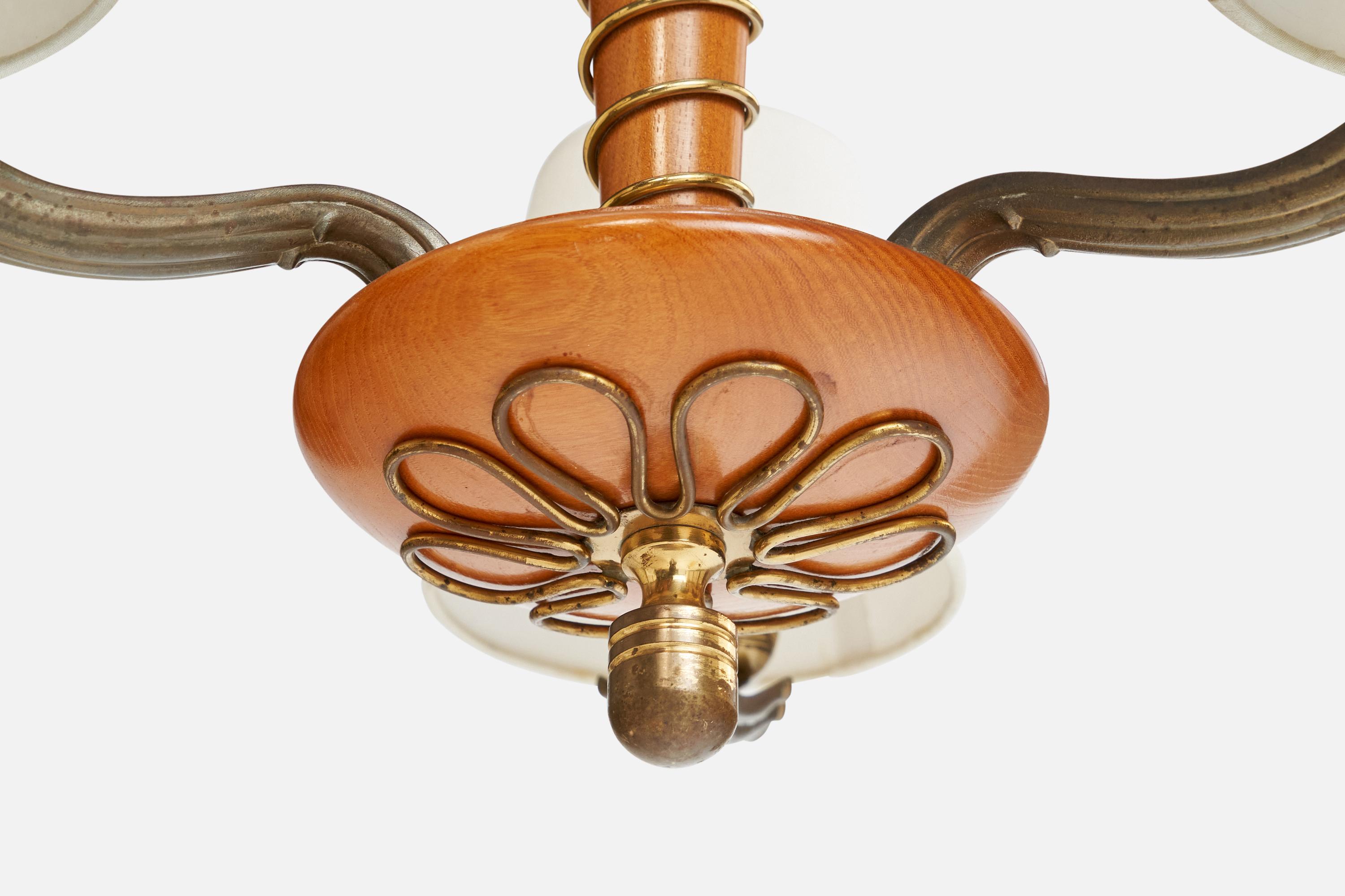 Schwedischer Designer, Kronleuchter, Messing, Holz, Stoff, Kordel, Schweden, 1940er Jahre im Angebot 3