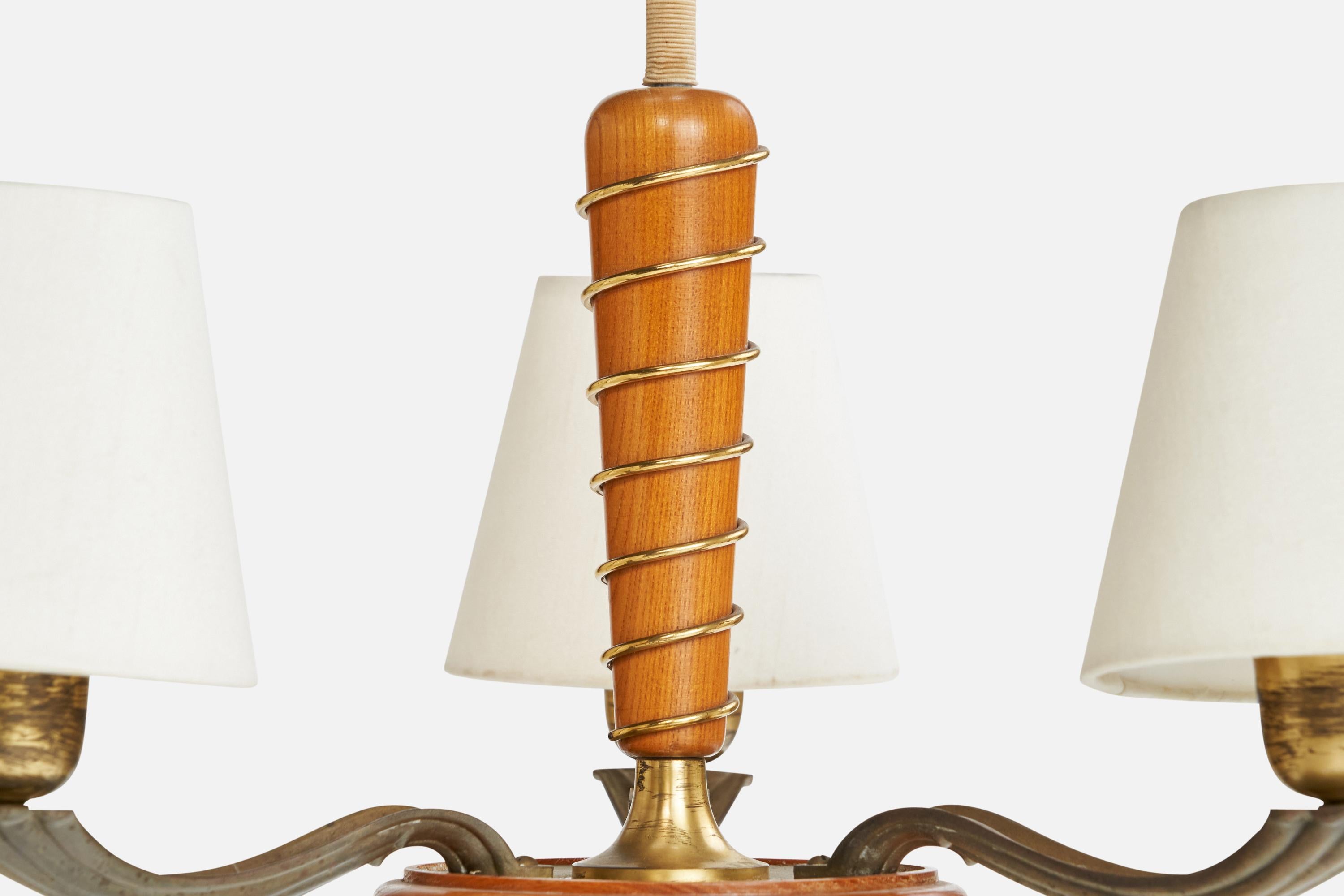 Schwedischer Designer, Kronleuchter, Messing, Holz, Stoff, Kordel, Schweden, 1940er Jahre im Angebot 4