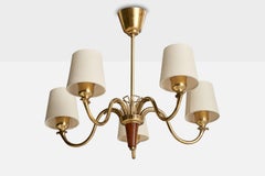 Bröderna Malmströms Metallvarufabrik, Chandelier, Brass, Wood, Sweden, 1952