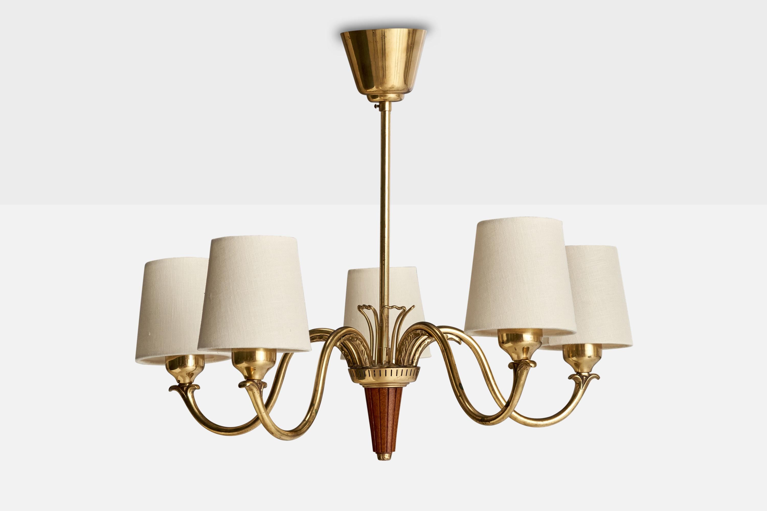 Scandinavian Modern Bröderna Malmströms Metallvarufabrik, Chandelier, Brass, Wood, Sweden, 1952 For Sale